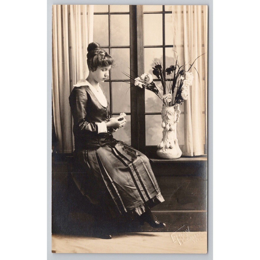 Young Woman Sitting Window Antique RPPC Postcard Graw La Crosse Wisconsin‎